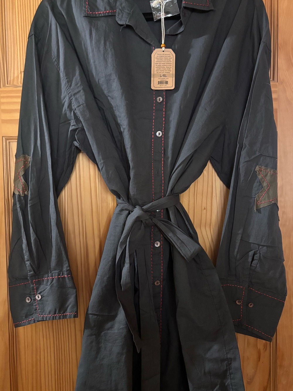 NATURAL LIFE Black Long Trench Coat with Red Topstitching